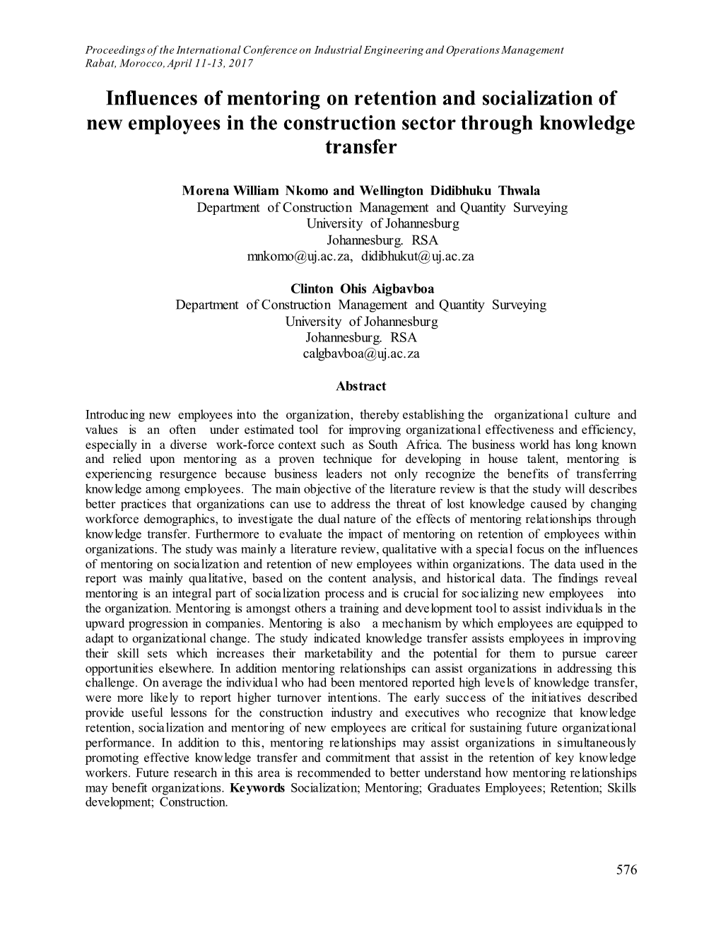 Influences of Mentoring on Retention and Socialization of New Employees in the Construction Sector Through Knowledge Transfer