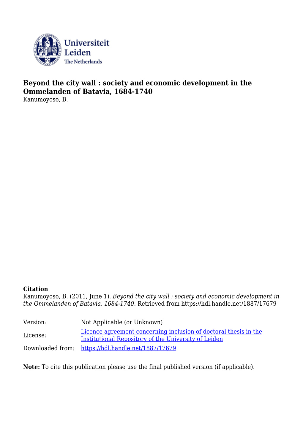 Beyond the City Wall: Society and Economic Development in The