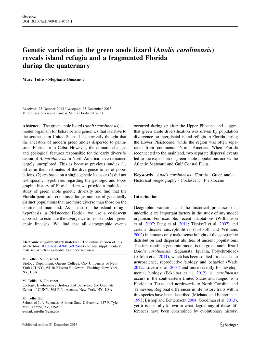 Anolis Carolinensis) Reveals Island Refugia and a Fragmented Florida During the Quaternary