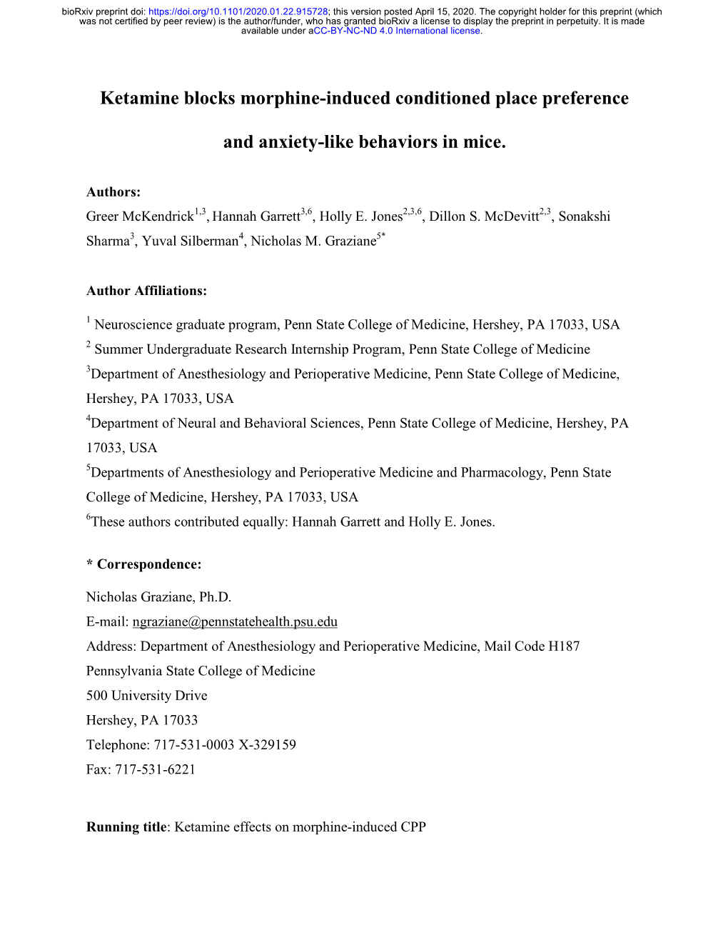 Ketamine Blocks Morphine-Induced Conditioned Place Preference And