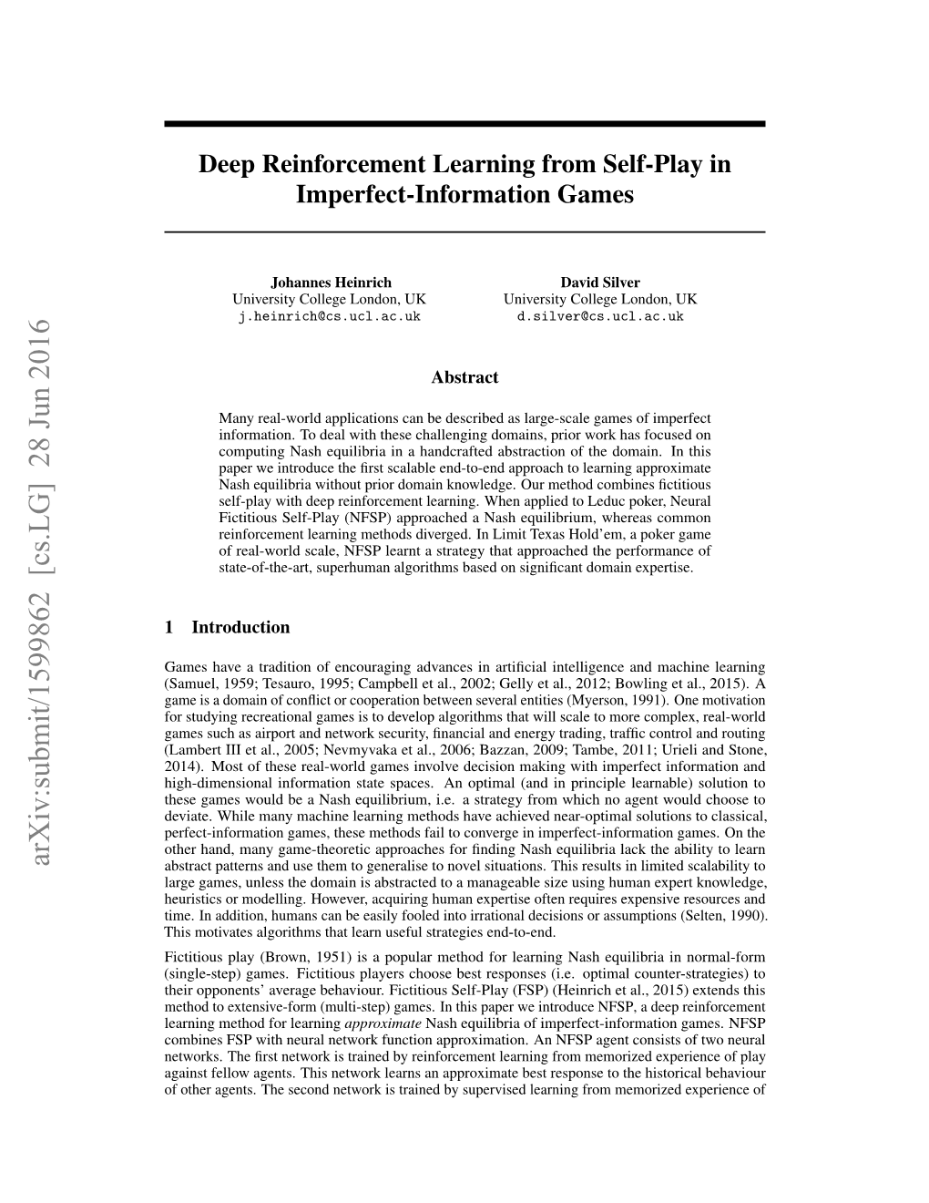 Deep Reinforcement Learning from Self-Play in Imperfect-Information Games