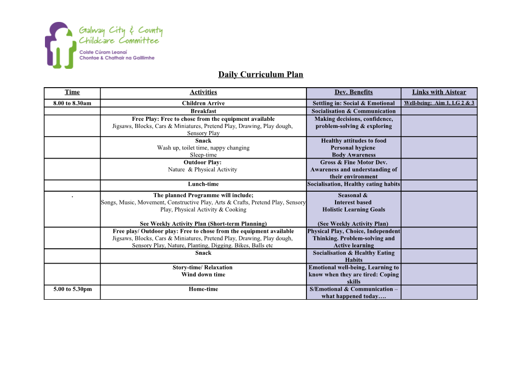 Daily Curriculum Plan