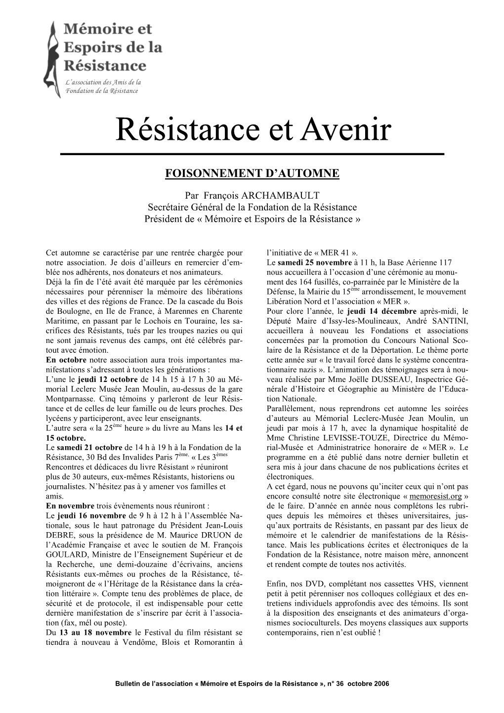 Bulletin Résistance Et Avenir N° 36