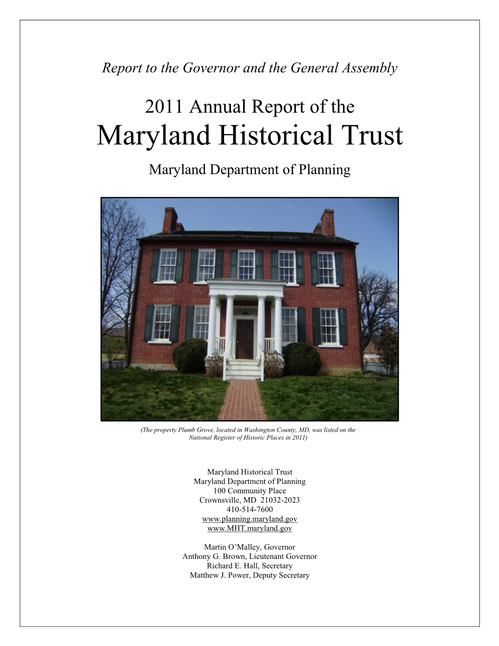 Maryland Historical Trust Maryland Department of Planning