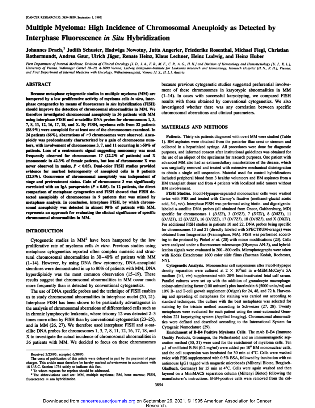 Multiple Myeloma: High Incidence of Chromosomal Aneuploidy As Detected by Interphase Fluorescence /// Situ Hybridization