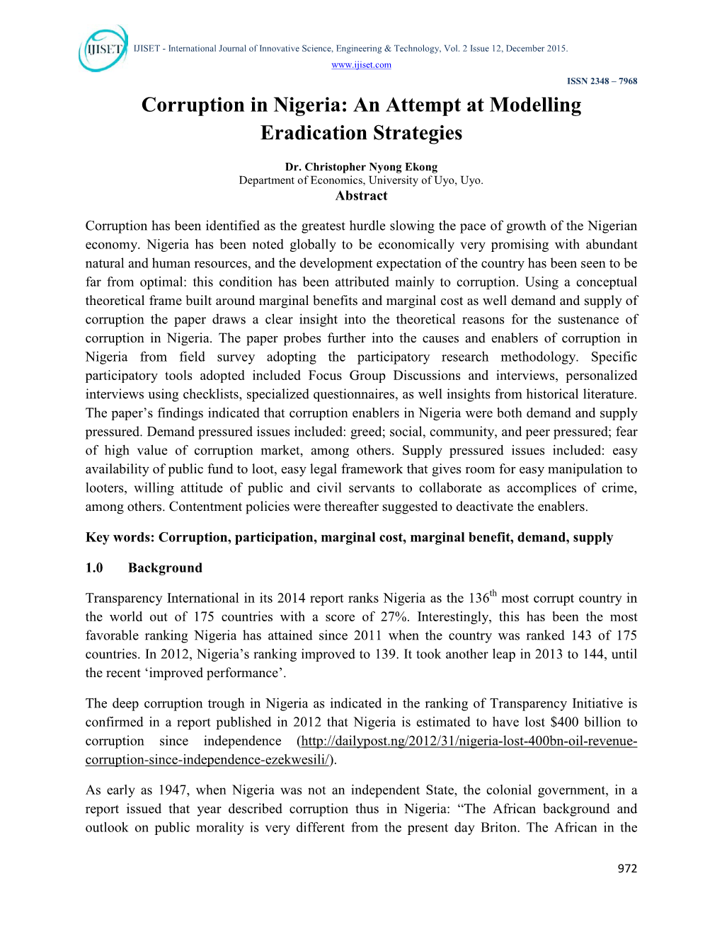 Corruption in Nigeria: an Attempt at Modelling Eradication Strategies