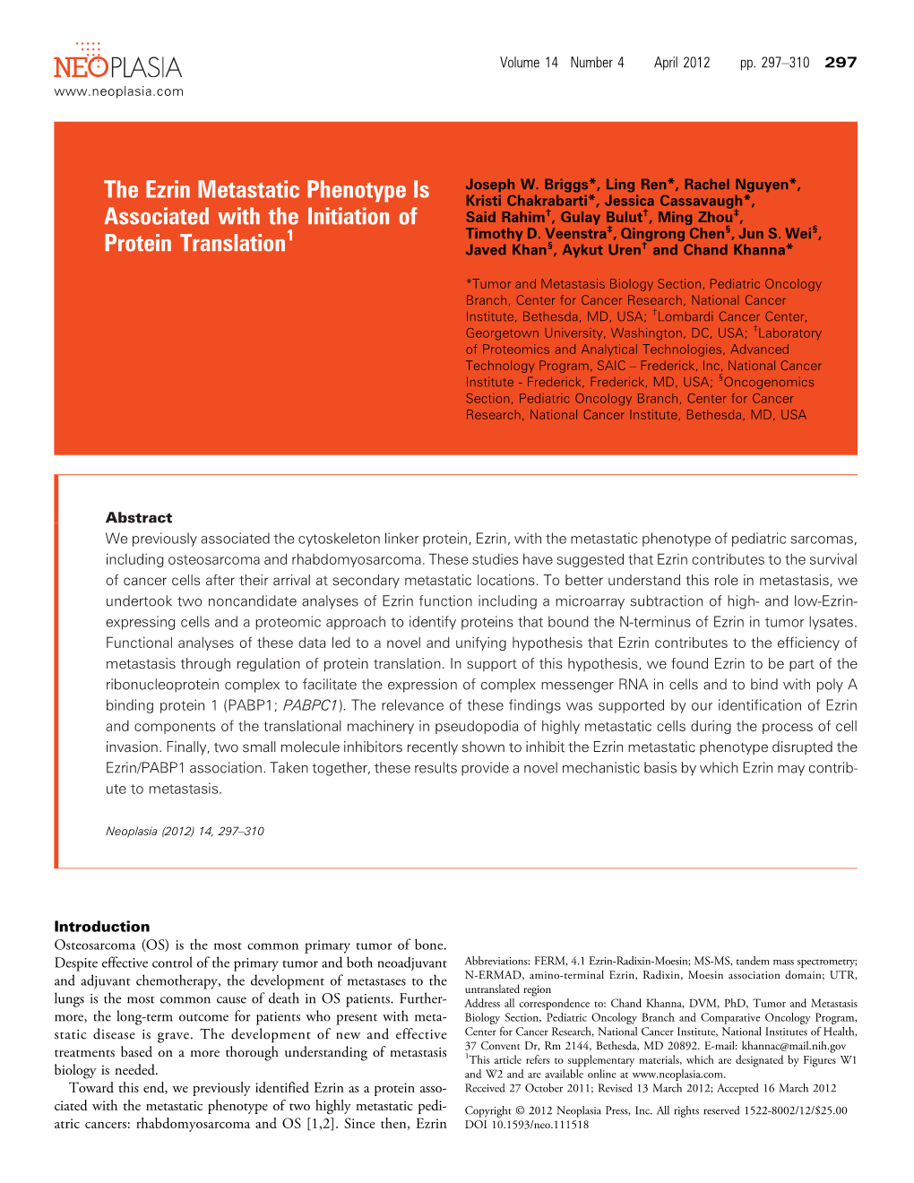 The Ezrin Metastatic Phenotype Is Associated with the Initiation of Protein Translation