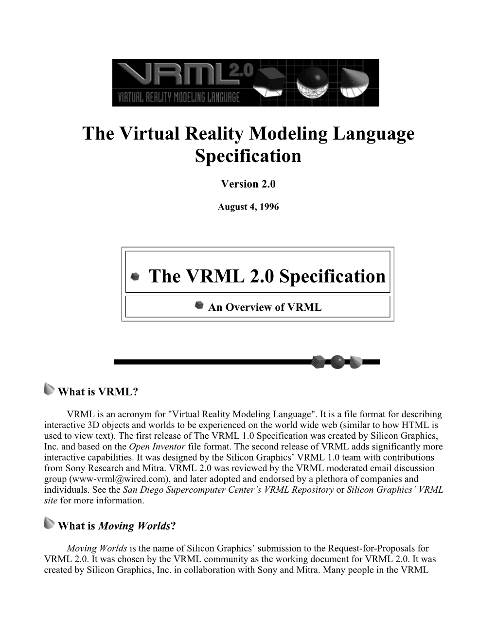 The Virtual Reality Modeling Language Specification the VRML