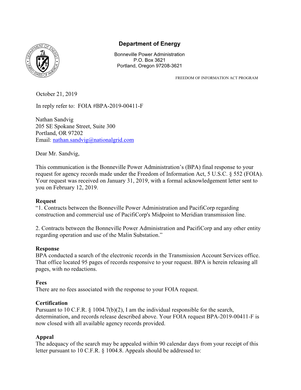 FOIA #BPA-2019-00411-F Nathan Sandvig 205 SE Spokane Street