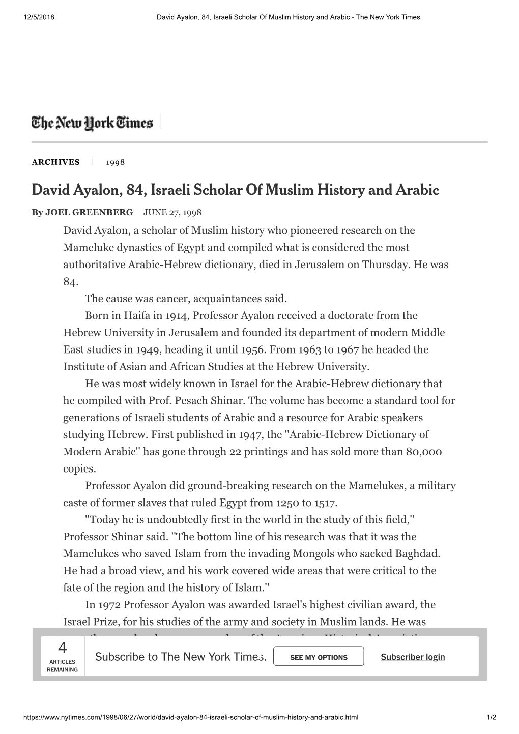 David Ayalon, 84, Israeli Scholar of Muslim History and Arabic - the New York Times