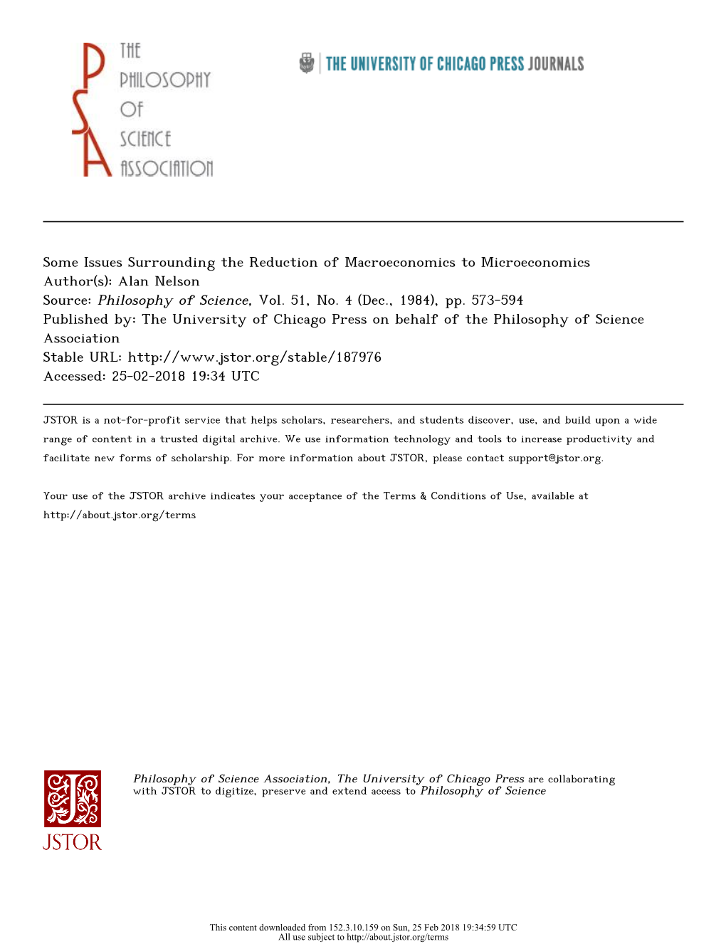 Some Issues Surrounding the Reduction of Macroeconomics to Microeconomics Author(S): Alan Nelson Source: Philosophy of Science, Vol