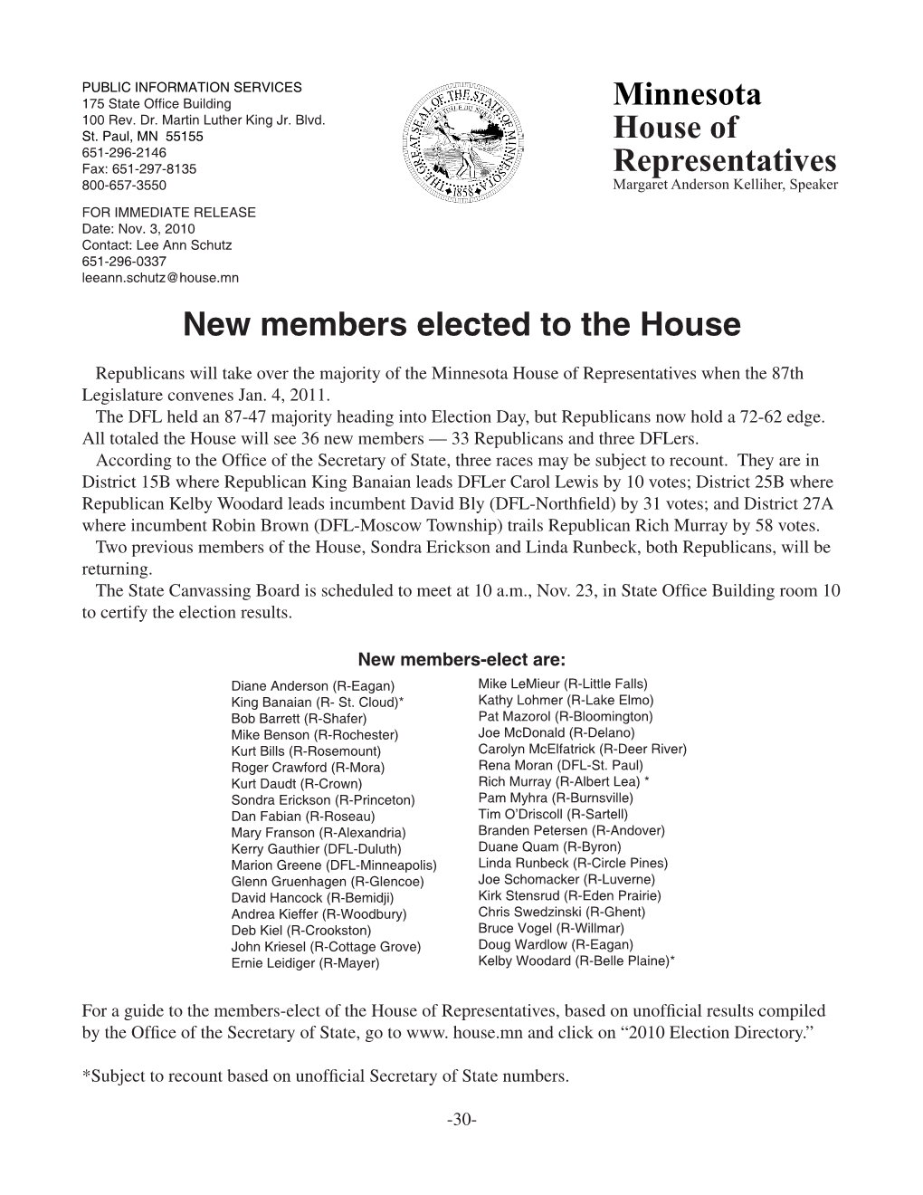 Minnesota House of Representatives New Members Elected to the House
