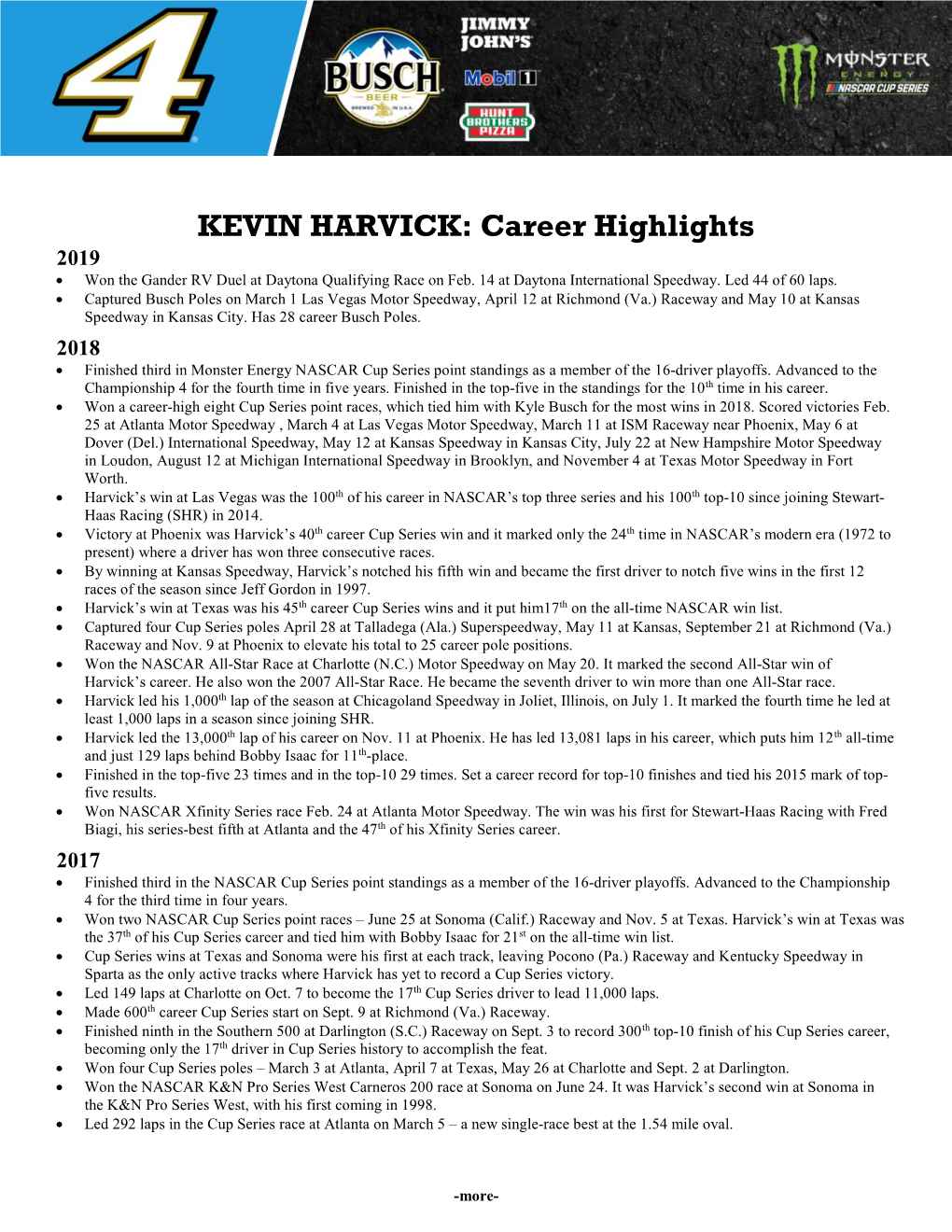 KEVIN HARVICK: Career Highlights 2019  Won the Gander RV Duel at Daytona Qualifying Race on Feb