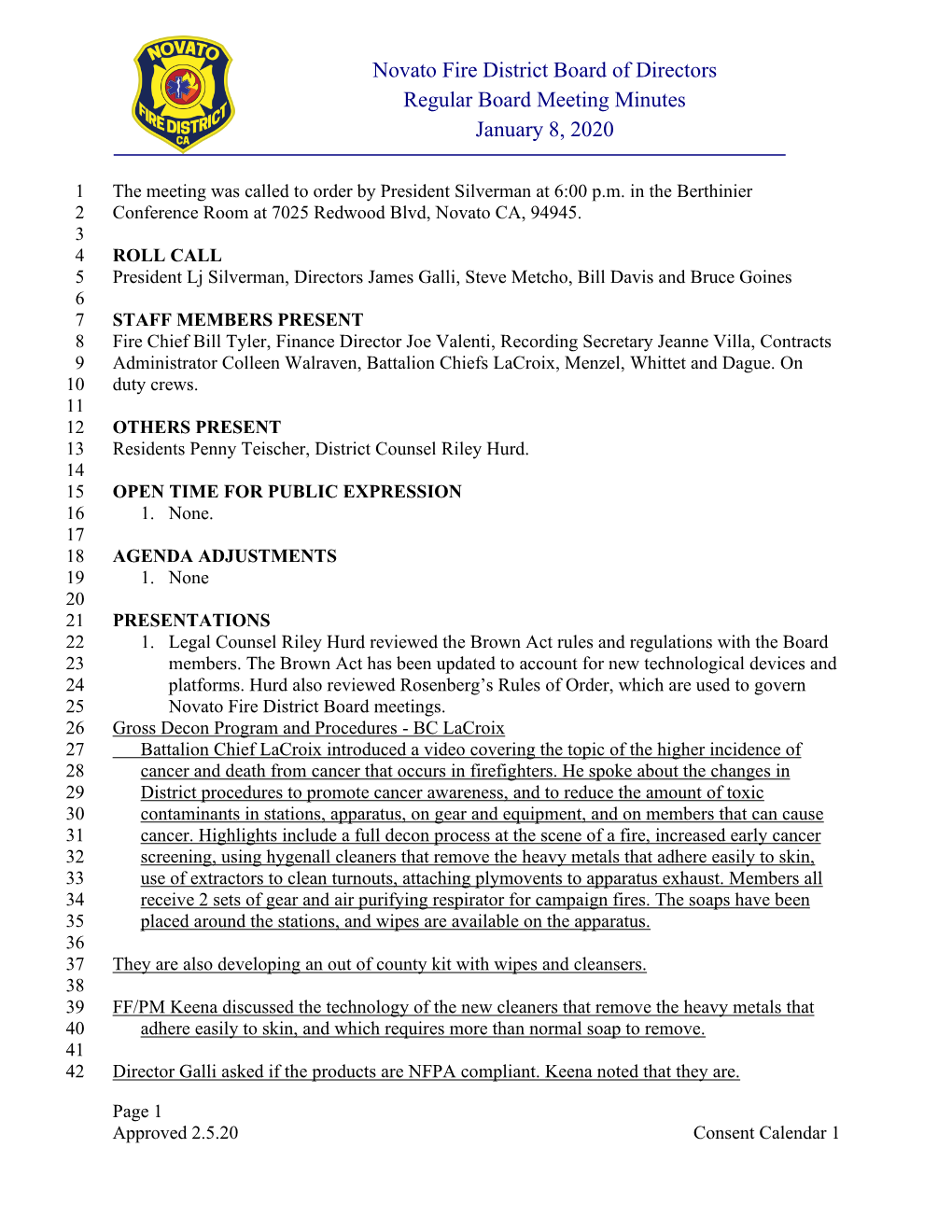 Novato Fire District Board of Directors Regular Board Meeting Minutes January 8, 2020