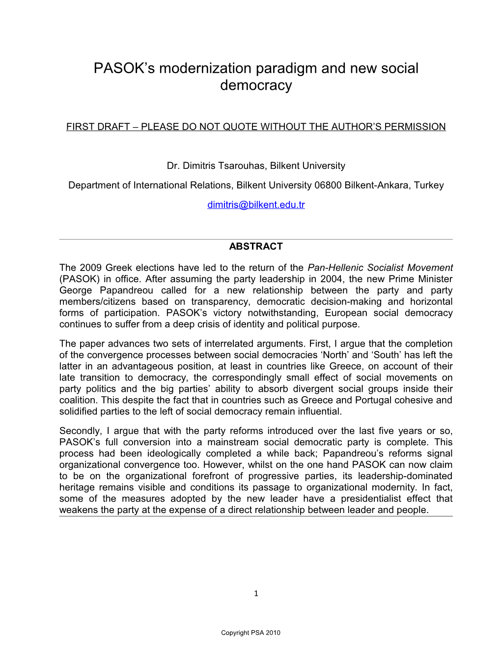 PASOK's Modernization Paradigm and New Social Democracy