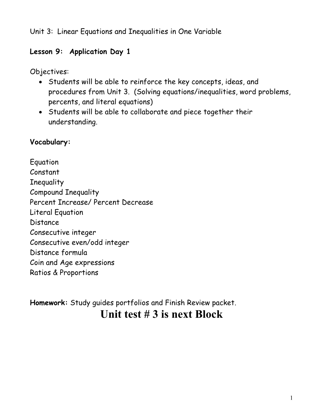 Unit 3: Linear Equations and Inequalities in One Variable