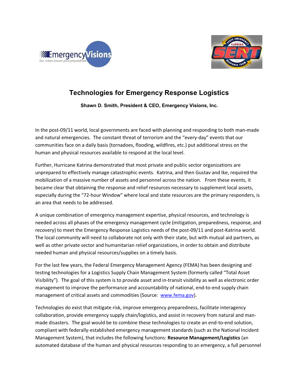 Technologies for Emergency Response Logistics