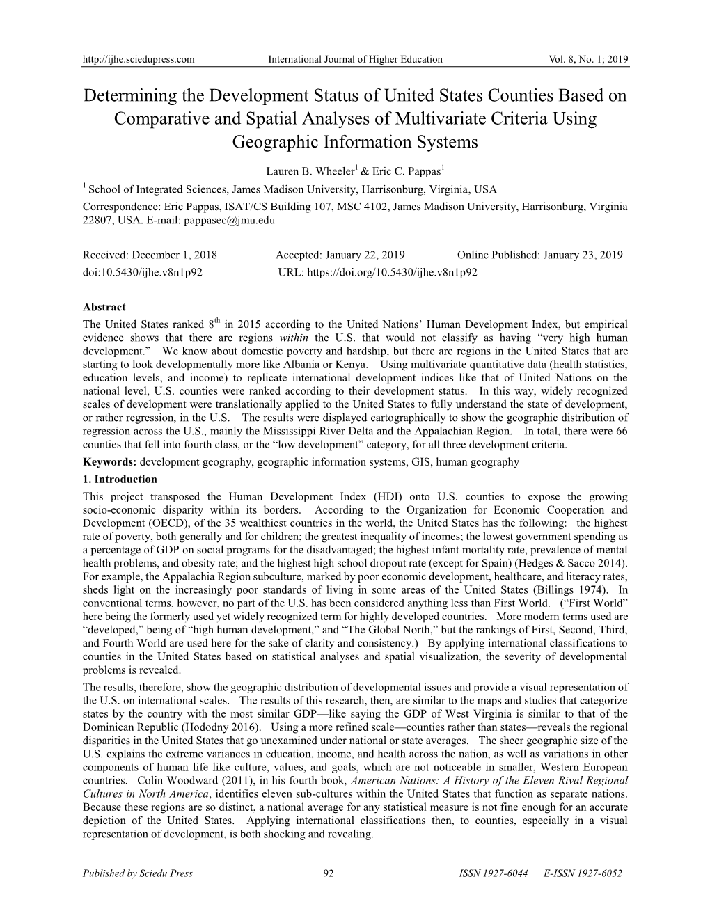 Determining the Development Status of United States Counties Based on Comparative and Spatial Analyses of Multivariate Criteria Using Geographic Information Systems