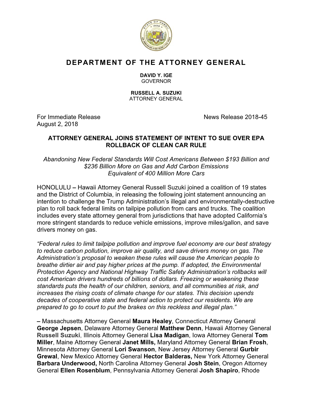 Attorney General Joins Statement of Intent to Sue Over Epa Rollback of Clean Car Rule