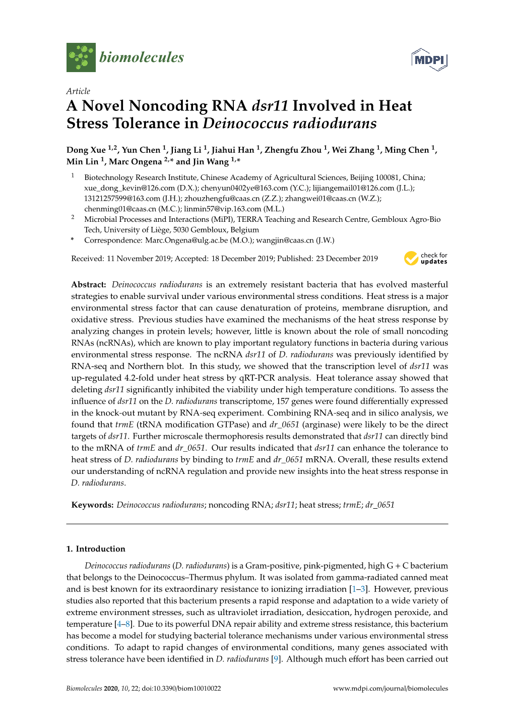 A Novel Noncoding RNA Dsr11 Involved in Heat Stress Tolerance in Deinococcus Radiodurans