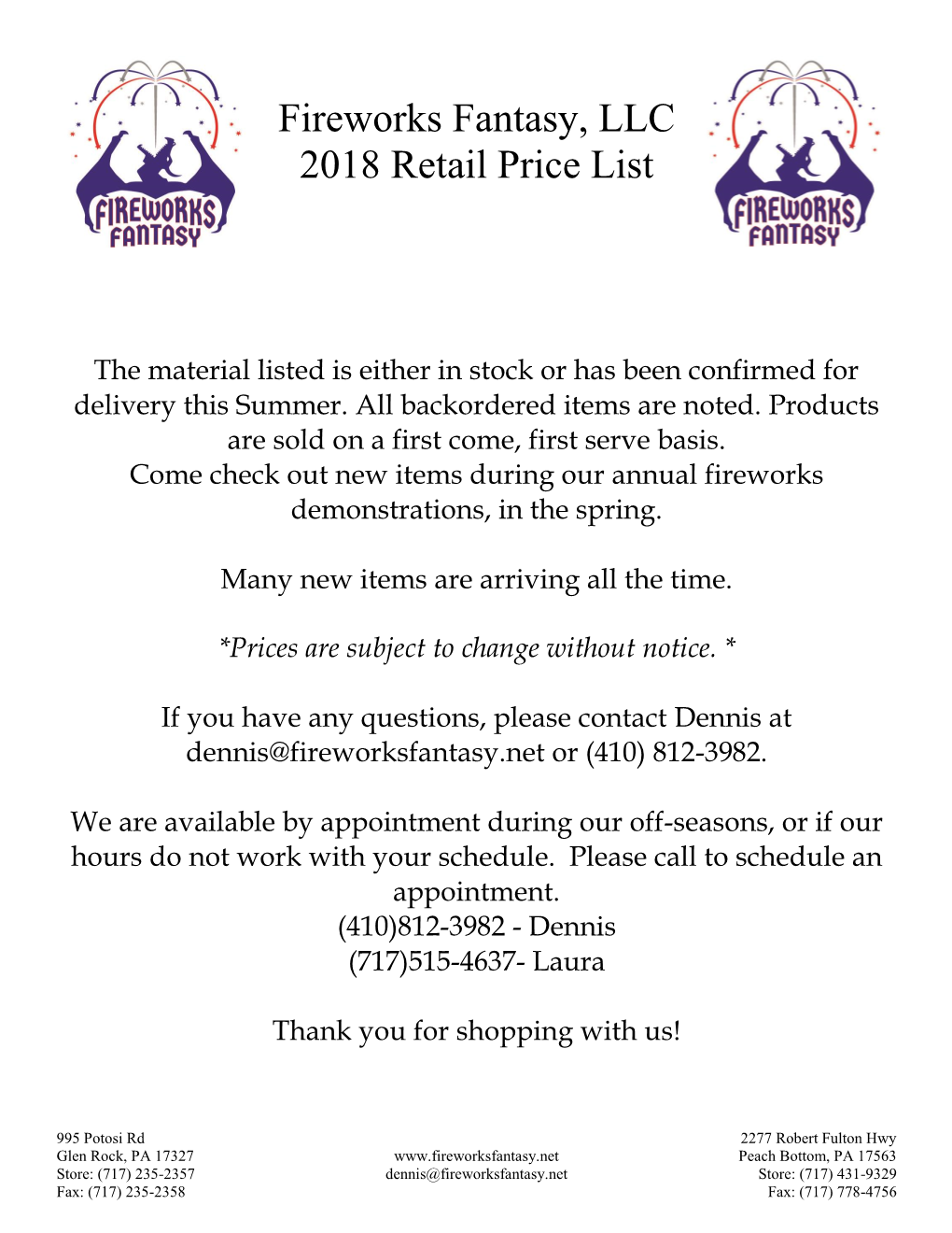 Fireworks Fantasy, LLC 2018 Retail Price List