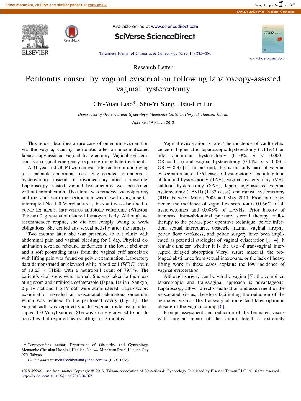 Peritonitis Caused by Vaginal Evisceration Following Laparoscopy-Assisted Vaginal Hysterectomy