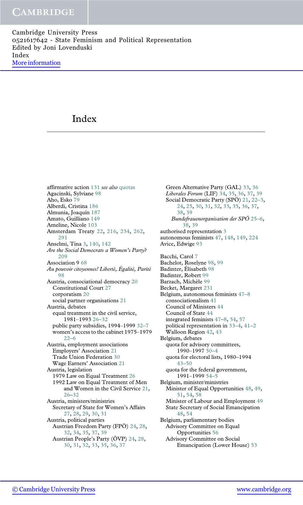 State Feminism and Political Representation Edited by Joni Lovenduski Index More Information