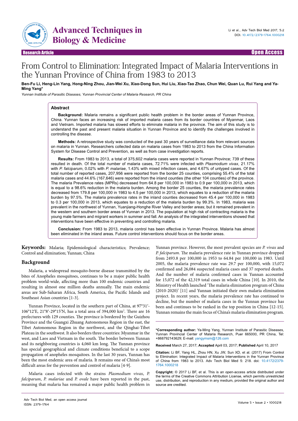 Integrated Impact of Malaria Interventions in the Yunnan