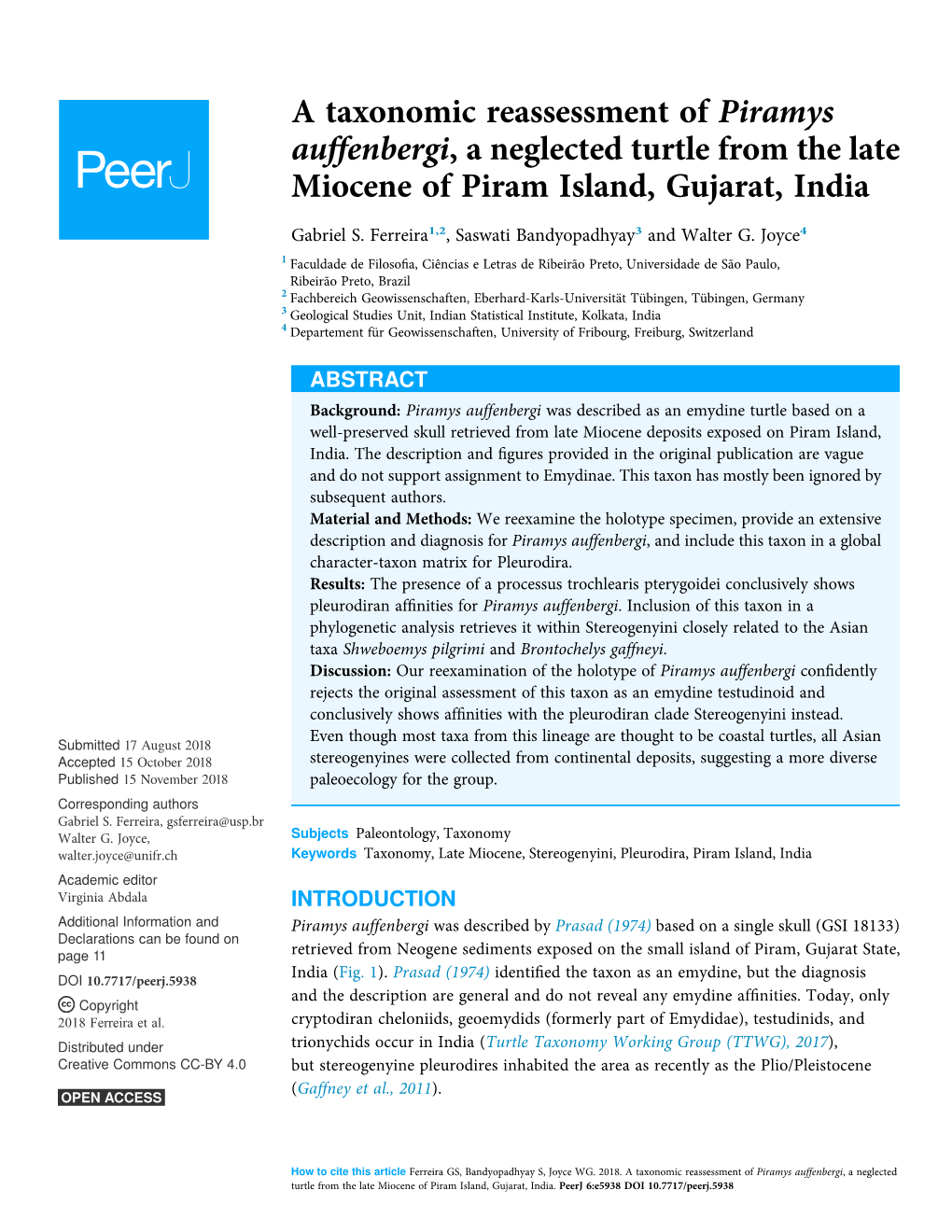 A Taxonomic Reassessment of Piramys Auffenbergi, a Neglected Turtle from the Late Miocene of Piram Island, Gujarat, India