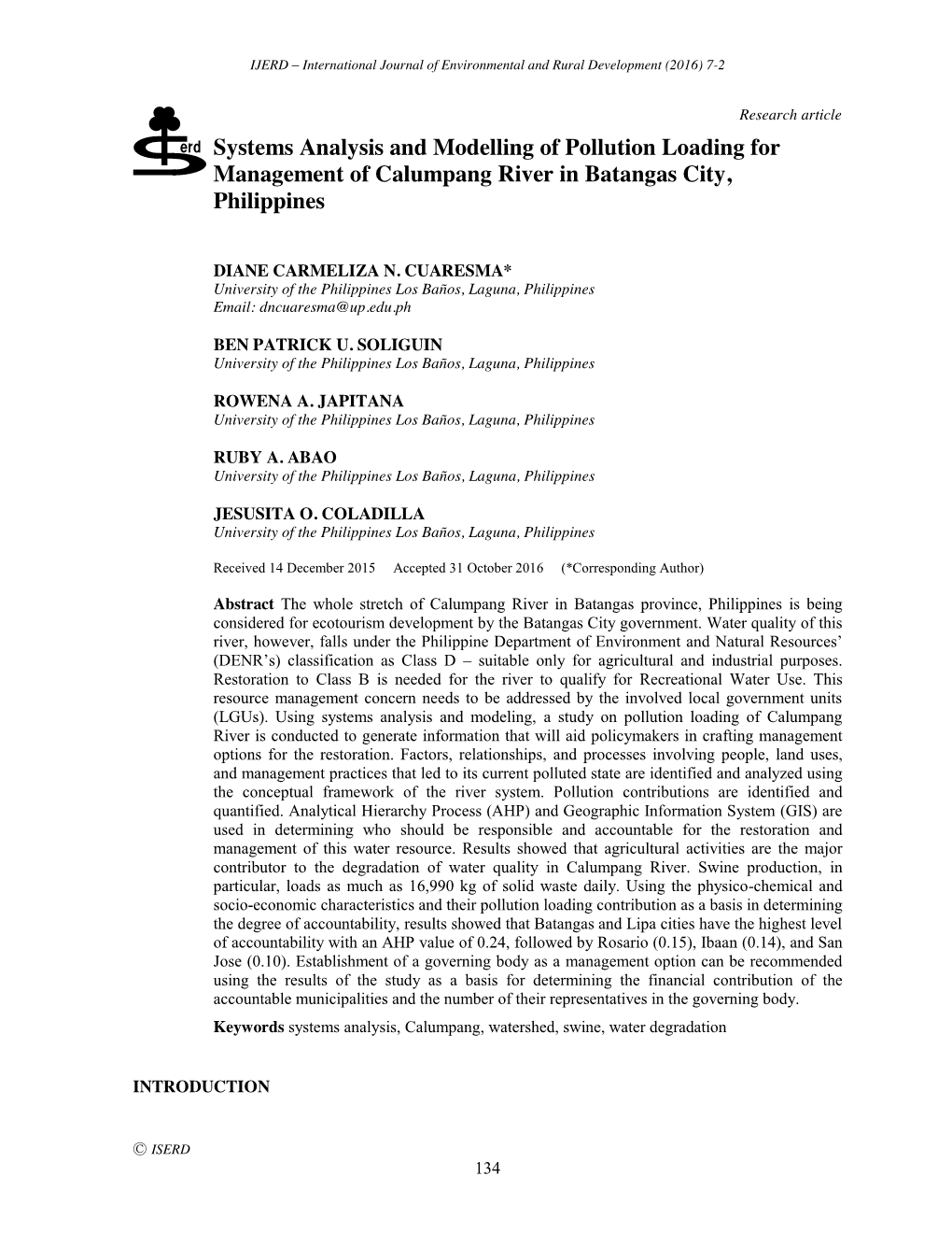 Systems Analysis and Modelling of Pollution Loading for Management of Calumpang River in Batangas City, Philippines