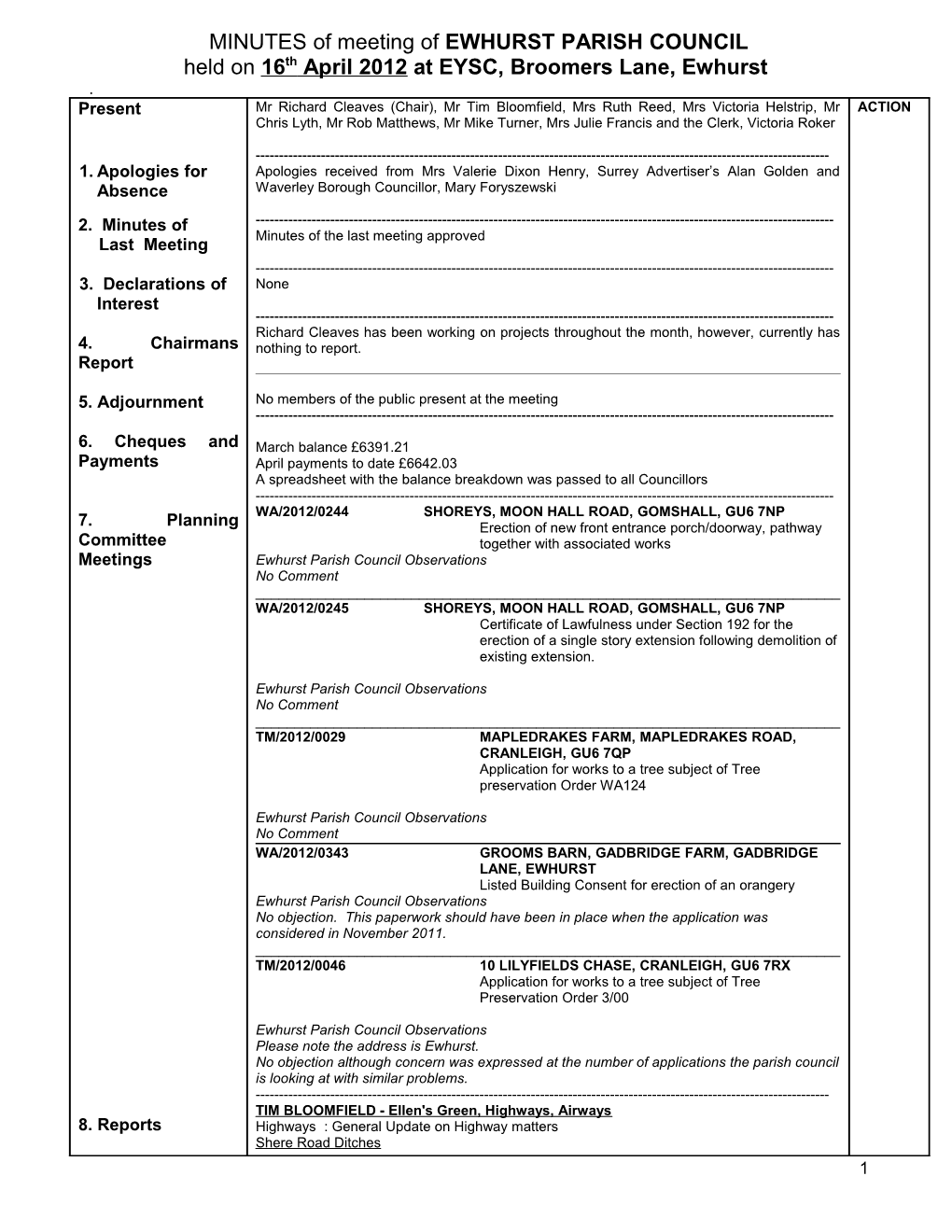 MINUTES of Meeting of EWHURST PARISH COUNCIL