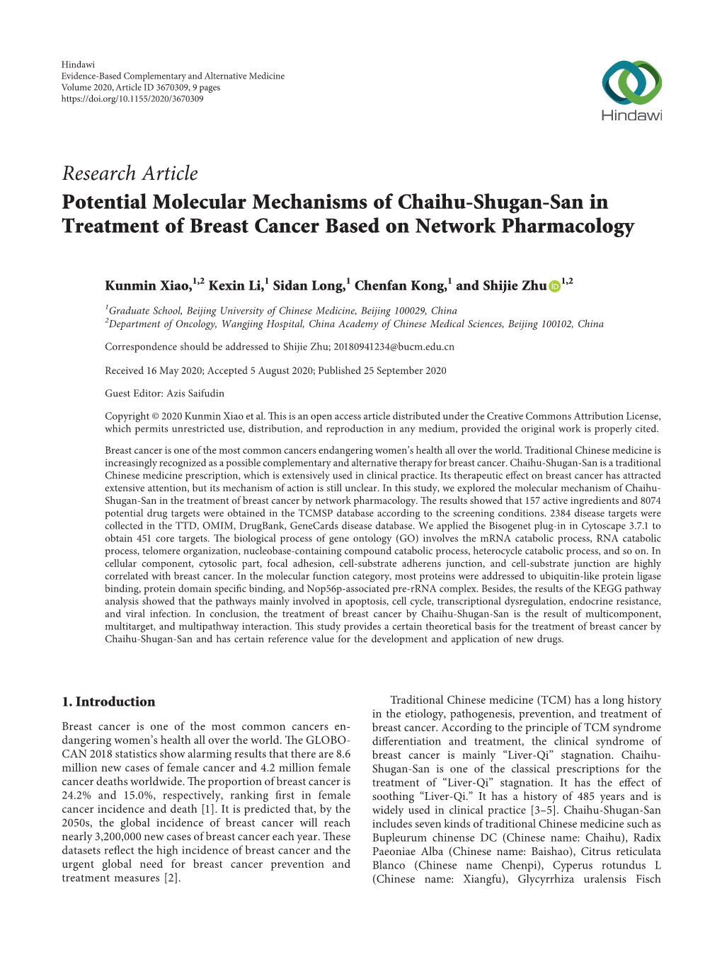 Potential Molecular Mechanisms of Chaihu-Shugan-San in Treatment of Breast Cancer Based on Network Pharmacology