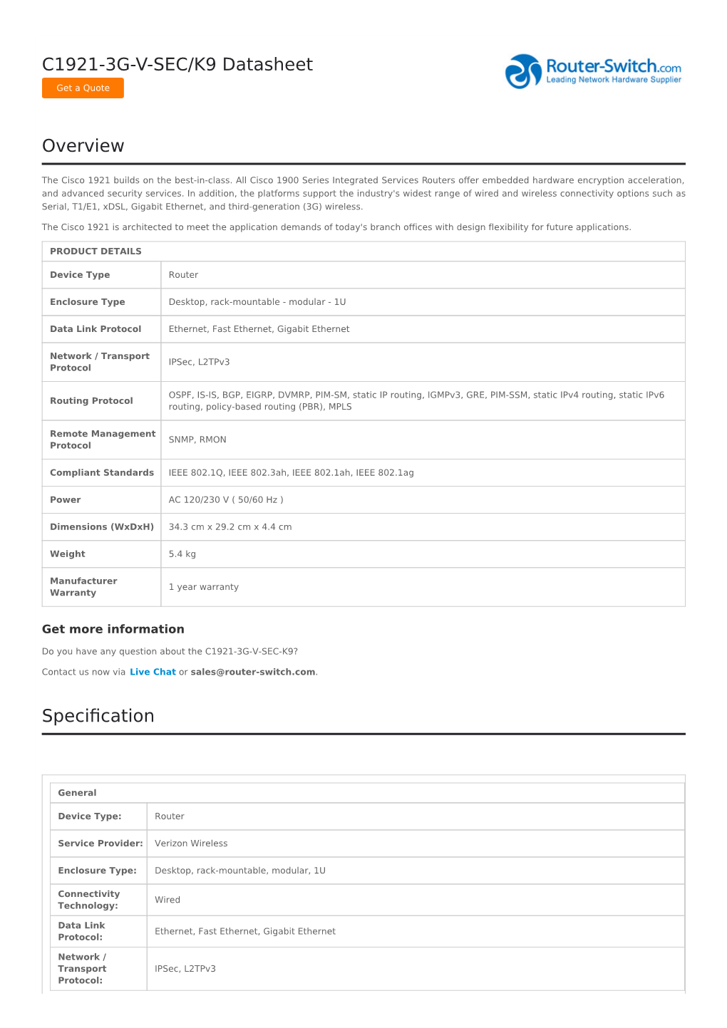 C1921-3G-V-SEC/K9 Datasheet