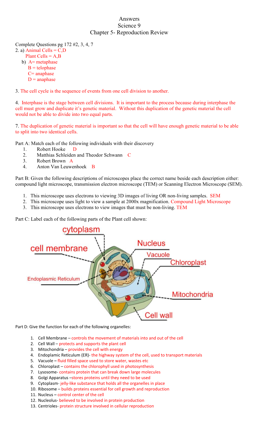 Answers Science 9 Chapter 5- Reproduction Review