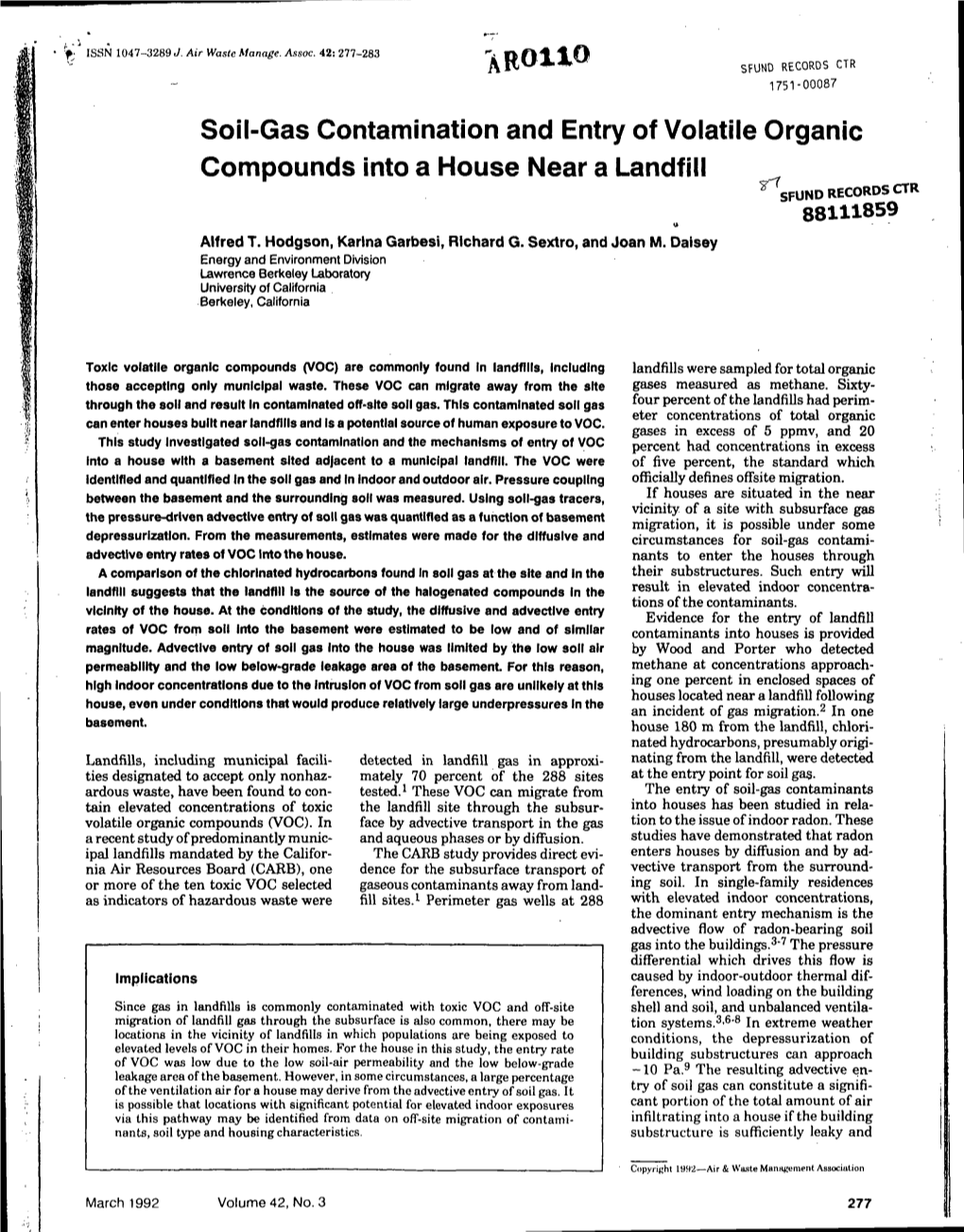 Article: Soil-Gas Contamination & Entry of Volatile Organic Compounds Into