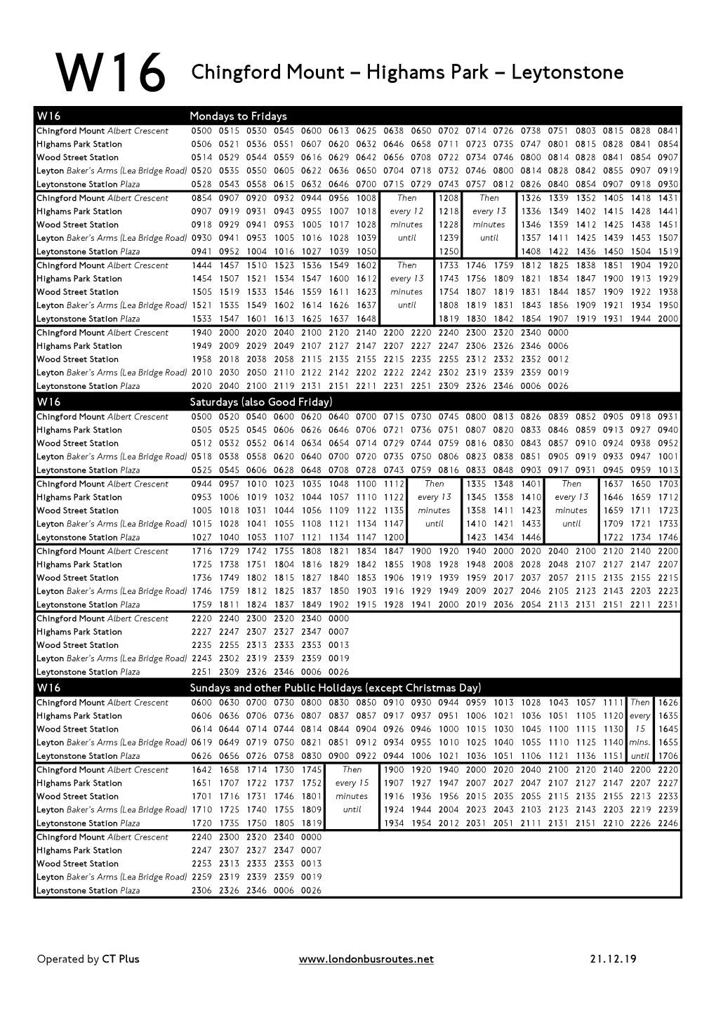 W16 Chingford Mount – Highams Park – Leytonstone