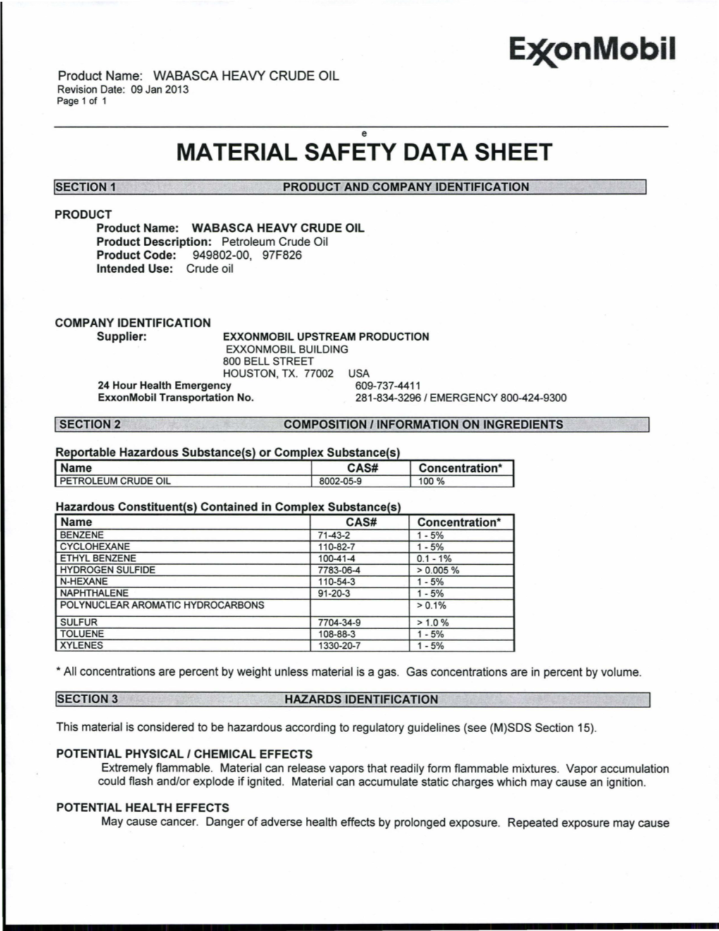 Ejf(Onmobil Product Name: WABASCA HEAVY CRUDE OIL Revision Date: 09 Jan 2013 Page 1 of 1