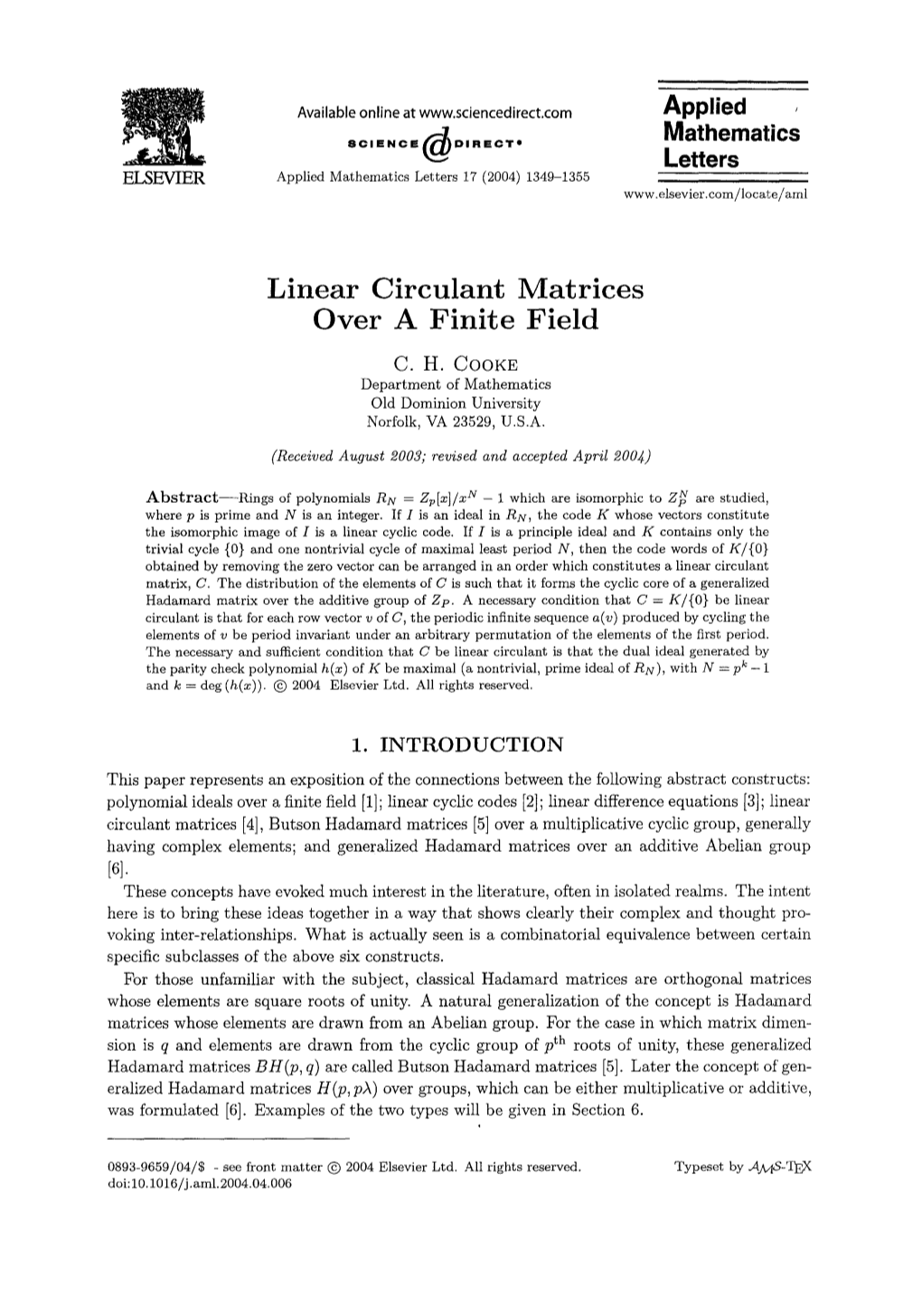 Linear Circulant Matrices Over a Finite Field