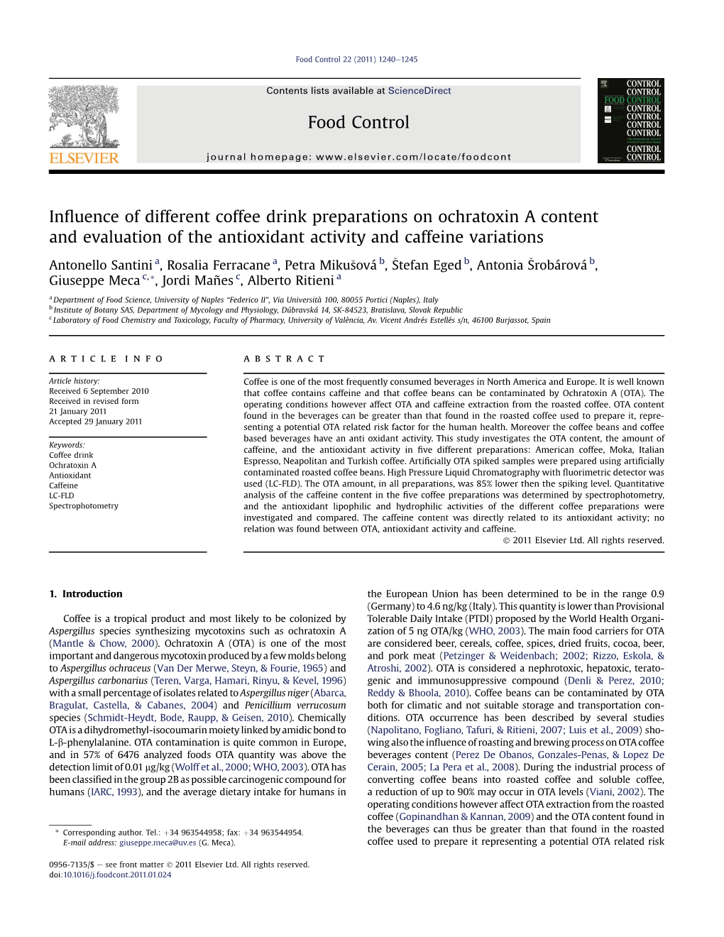 Influence of Different Coffee Drink Preparations on Ochratoxin A