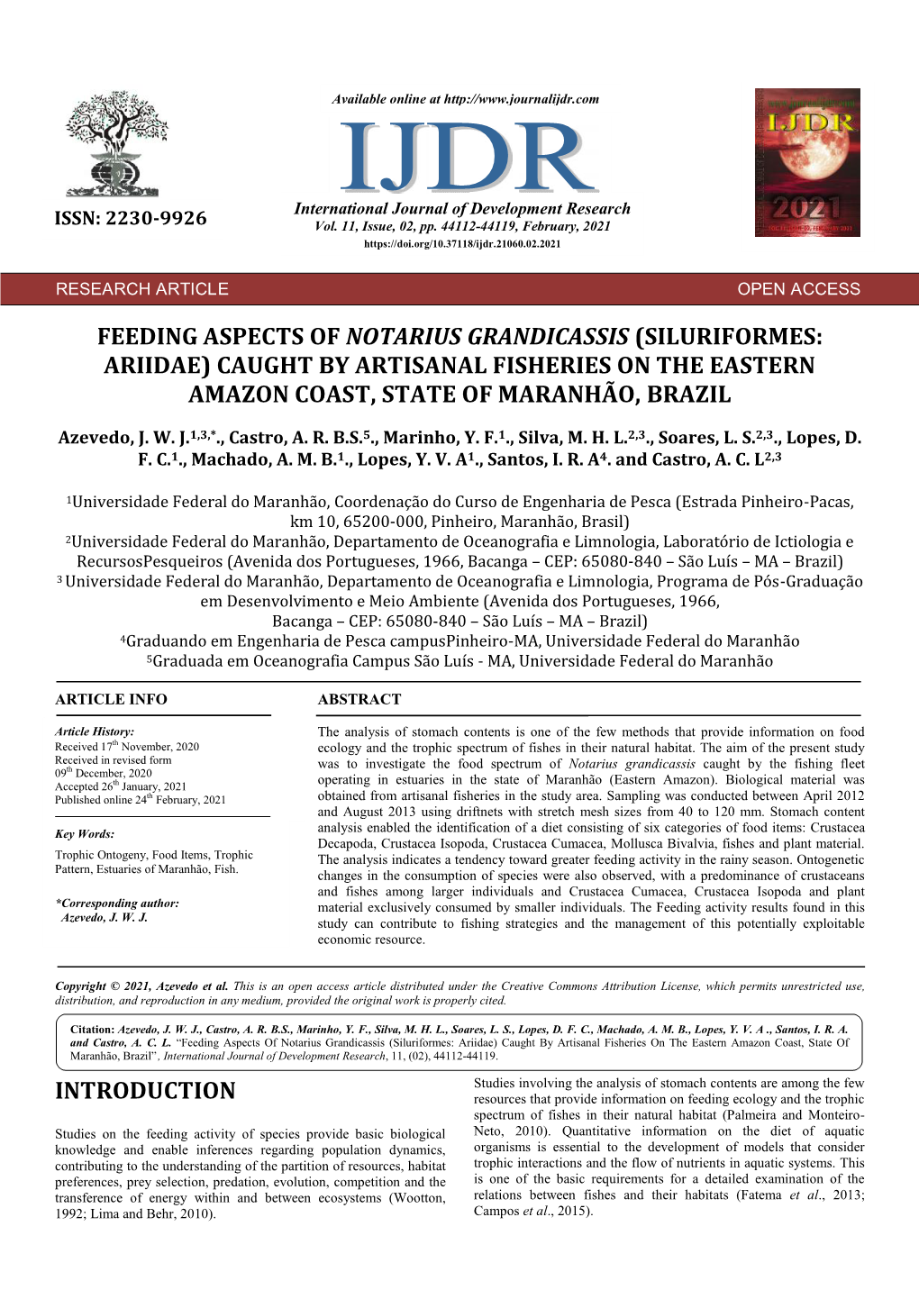 Feeding Aspects of Notarius Grandicassis (Siluriformes: Ariidae) Caught by Artisanal Fisheries on the Eastern Amazon Coast, State of Maranhão, Brazil