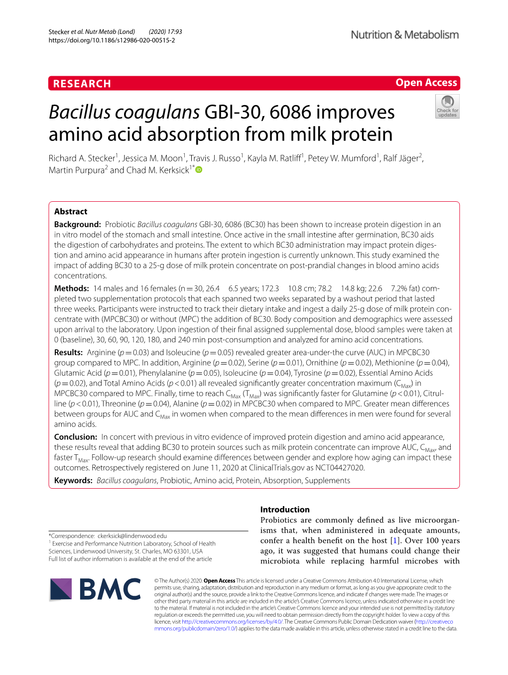 Bacillus Coagulans GBI‑30, 6086 Improves Amino Acid Absorption from Milk Protein Richard A