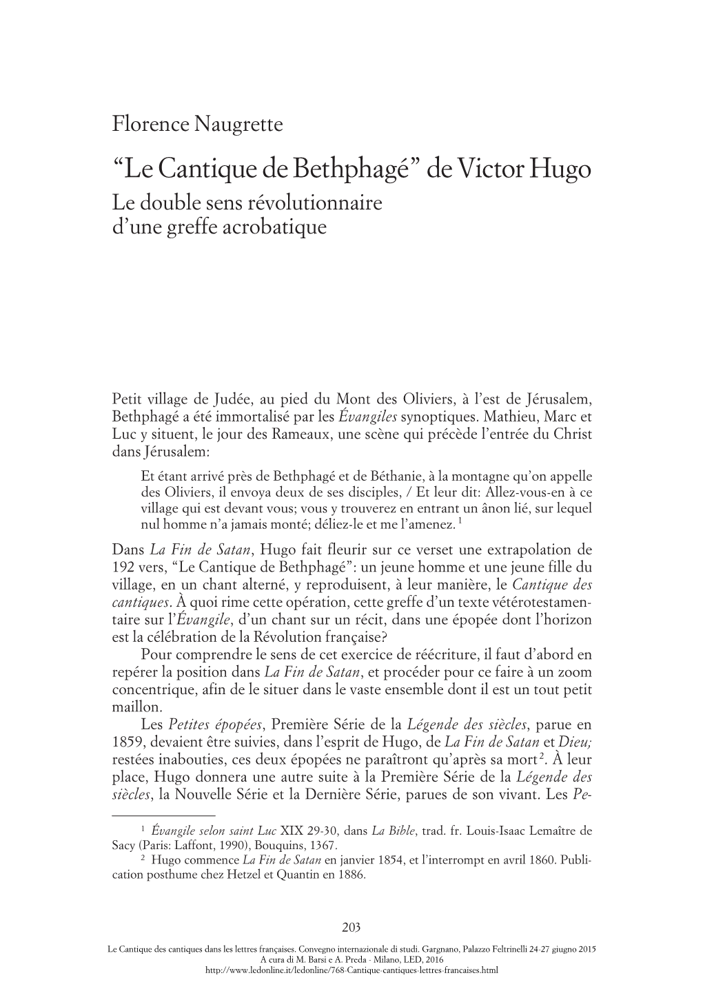 Cantique De Bethphagé” De Victor Hugo Le Double Sens Révolutionnaire D’Une Greffe Acrobatique