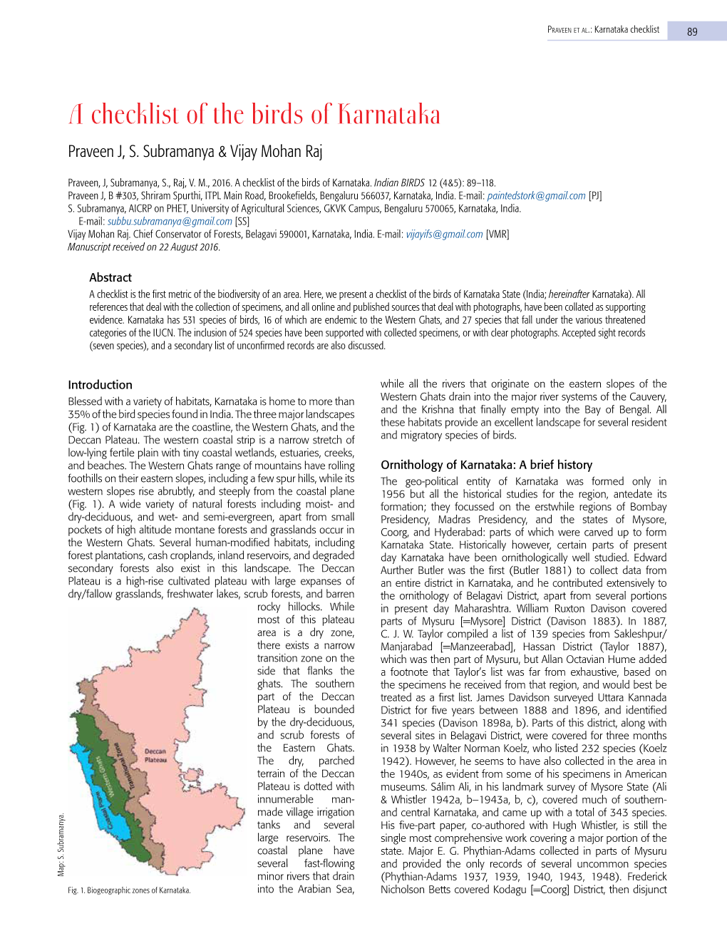 A Checklist of the Birds of Karnataka Praveen J, S