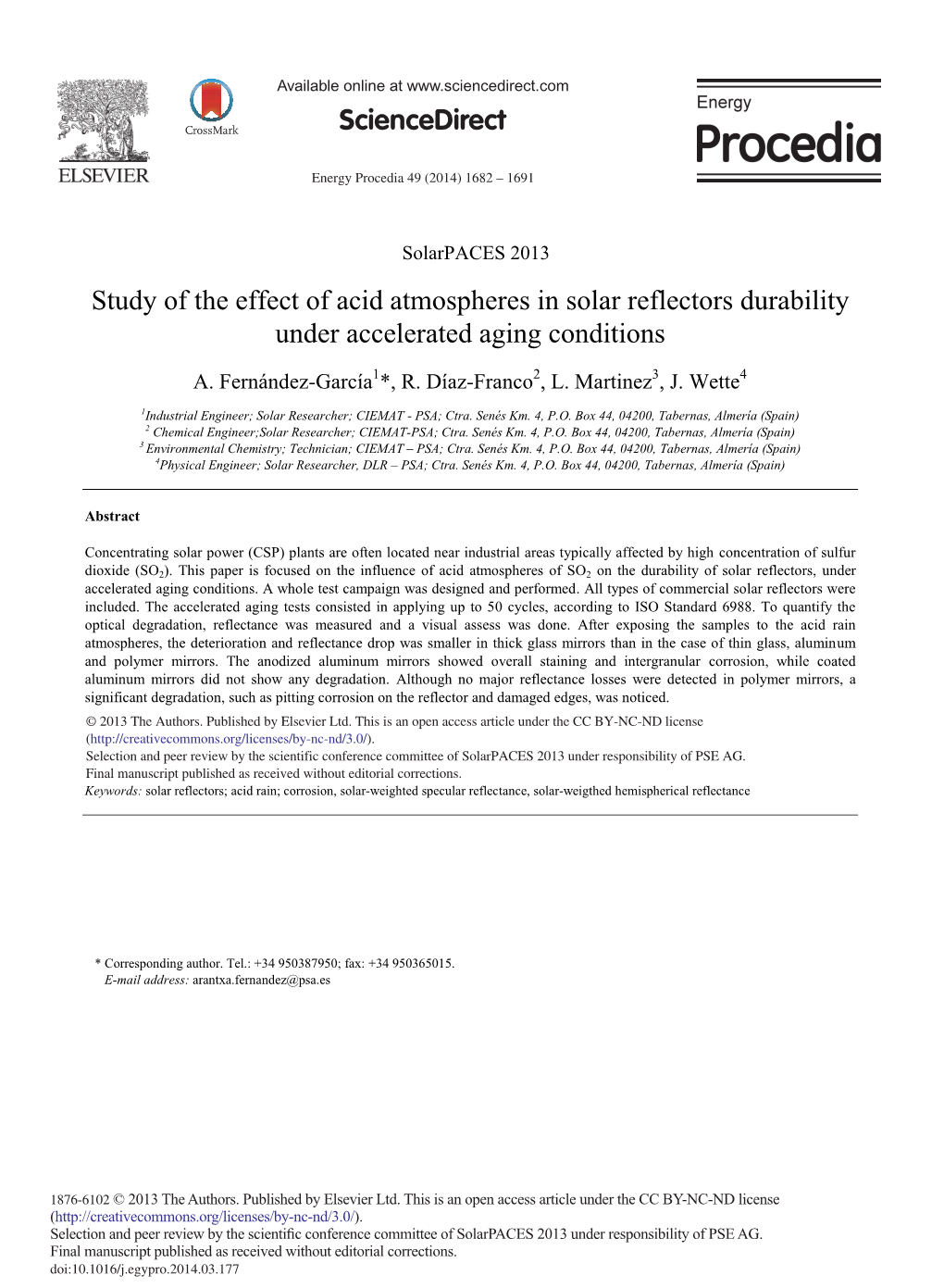 Study of the Effect of Acid Atmospheres in Solar Reflectors Durability Under Accelerated Aging Conditions
