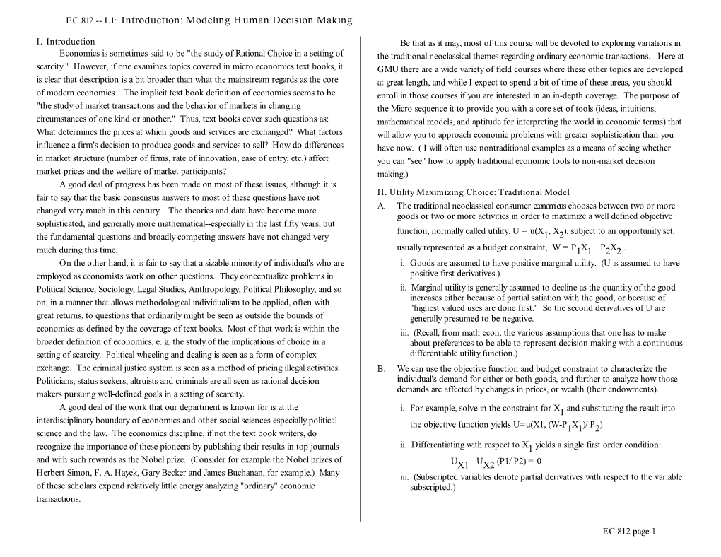 EC 812 -- L1: Introduction: Modeling Human Decision Making