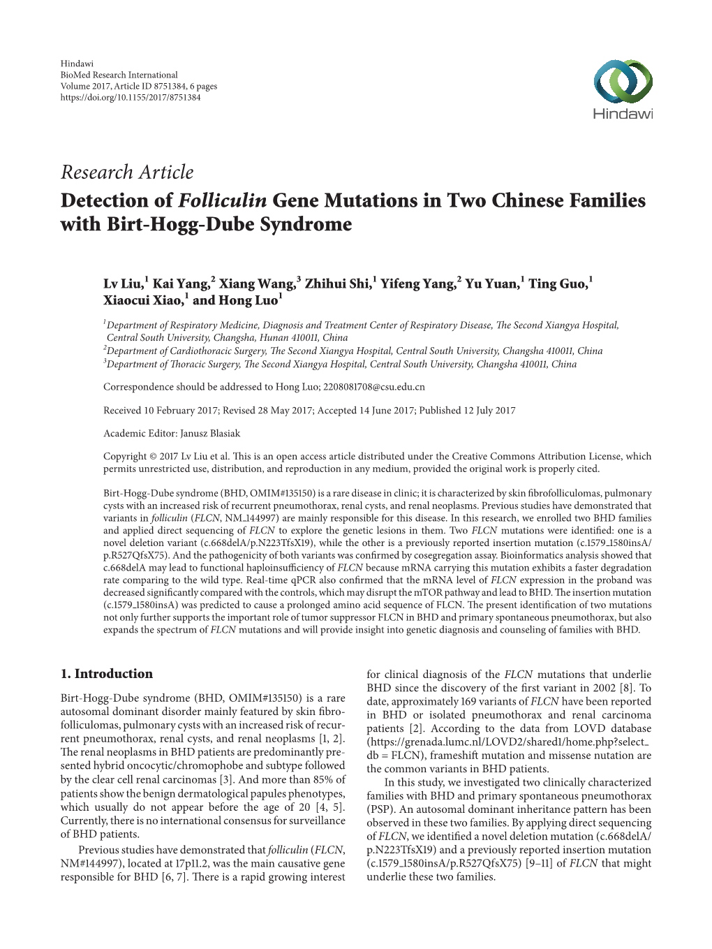 Detection of Folliculin Gene Mutations in Two Chinese Families with Birt-Hogg-Dube Syndrome