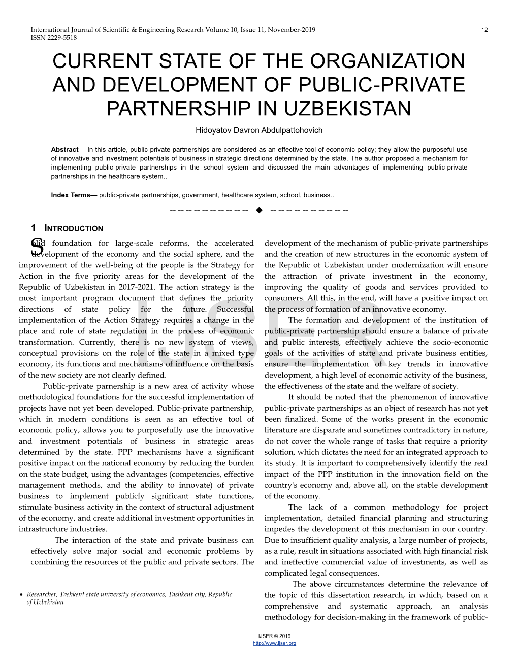 CURRENT STATE of the ORGANIZATION and DEVELOPMENT of PUBLIC-PRIVATE PARTNERSHIP in UZBEKISTAN Hidoyatov Davron Abdulpattohovich