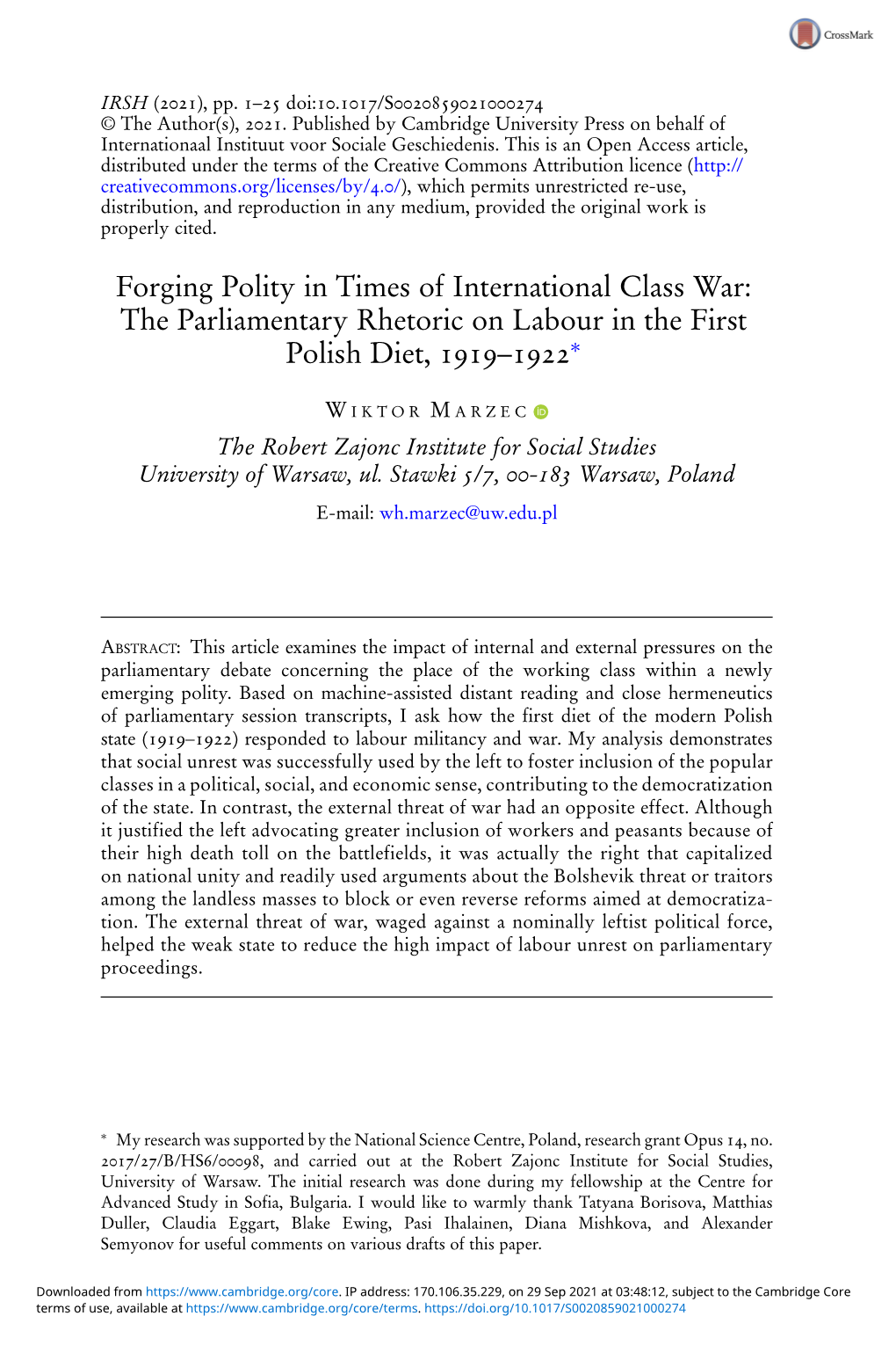 Forging Polity in Times of International Class War: the Parliamentary Rhetoric on Labour in the First Polish Diet, –∗