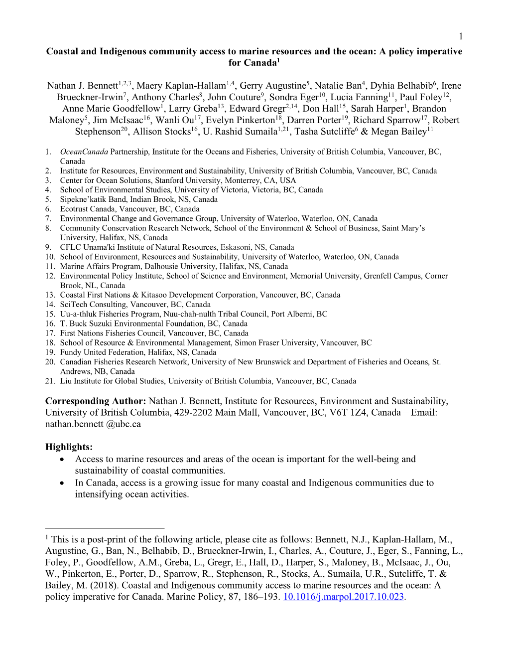 1 Coastal and Indigenous Community Access to Marine Resources and the Ocean: a Policy Imperative for Canada1