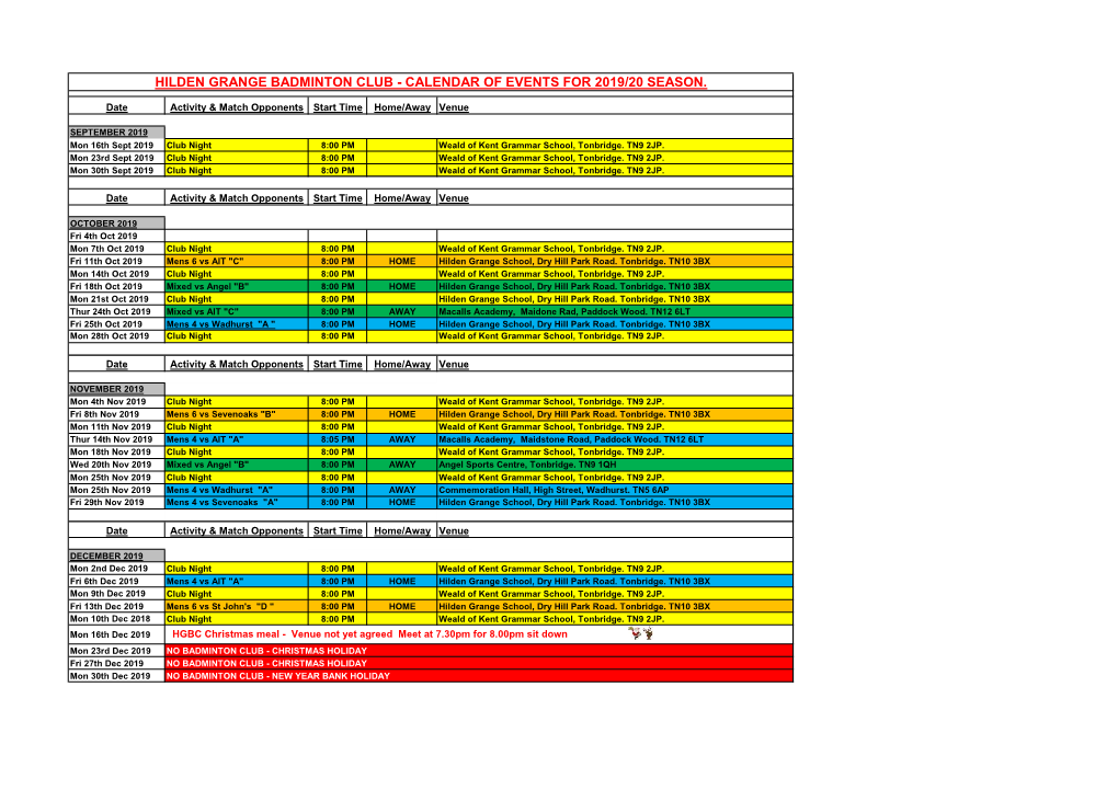 Calendar of Events for 2019/20 Season